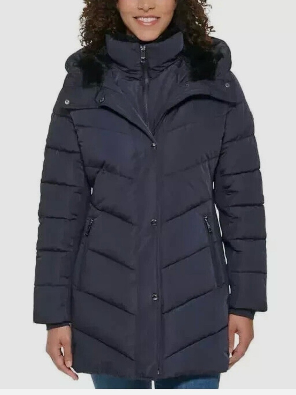 NWOT Andrew Marc Navy Quilted Puffer Coat with Faux Fur Hood & Trim. So cozy!